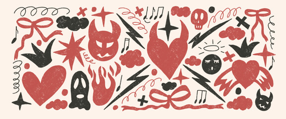 Punk breaking heart doodles set Devil and angels crayon drawn background. Scribble grunge girly elements. Ghost, bows, clouds and sketch shapes. Vector illustration by marker on beige background.