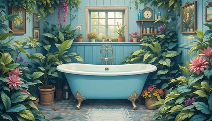Lush botanical bathroom sanctuary: A serene oasis with vintage charm