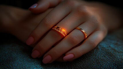 Close-up of hands wearing three gold rings. Soft lighting highlights the rings and delicate feminine hands