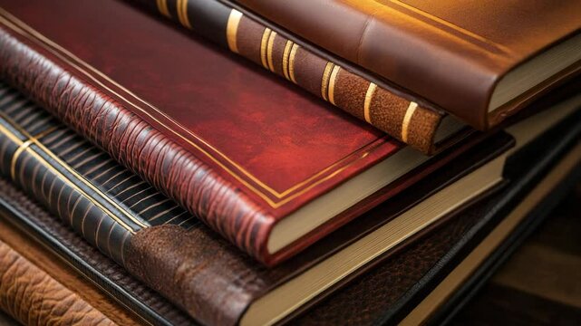 old book with leather cover, brown, red, black, ivory on wood table, shelf