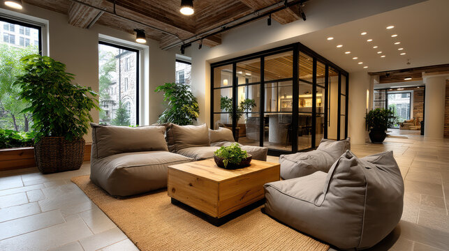Cozy employee break area featuring comfortable bean bag chairs and wooden coffee table