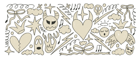 Devil and angels line doodles set. Punk breaking heart crayon drawn background. Scribble grunge elements. Hearts, bows, clouds and sketch shapes. Vector illustration by pencil on white background.
