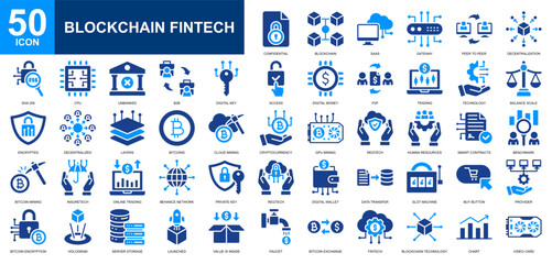 Blockchain Fintech icon set collection. Bitcoin, financial management, digital economy, digital currency, digital security icon. Simple glyph color vector.