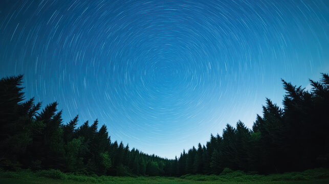 Long exposure night sky shows star trails over forest landscape, creating serene atmosphere - Powered by Adobe