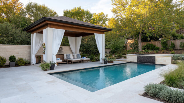 Luxurious poolside cabana with sheer curtains and serene atmosphere, perfect for relaxation
