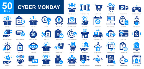 Cyber Monday icon set collection. Ecommerce, sales marketing, product management, discount, online shopping icon. Simple glyph color vector.