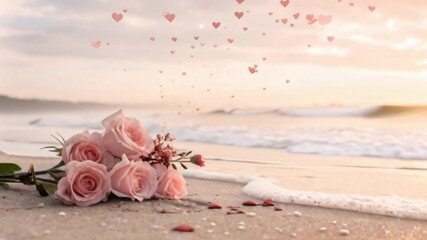 Romantic pink roses with hearts on the beach at sunset  