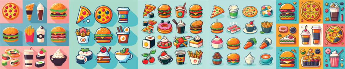 Cute Cartoon Fast Food and Drinks Vector Set – Pizza, Burger, Coffee, Dessert