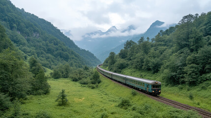 Fototapeta premium Scenic train travels through lush green mountains, surrounded by misty peaks and serene nature