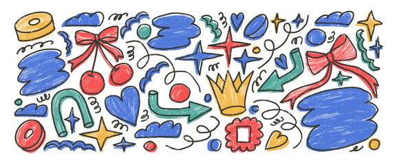 Abstract graphic shapes crayon drawn set. Naive multi colors doodle stickers figures on white background. Crown, cherry, heart and geometric forms sketch elements. Vector illustration by pencil.