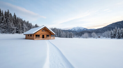 Cozy cabin retreat surrounded by snow covered trees and mountains, inviting warmth