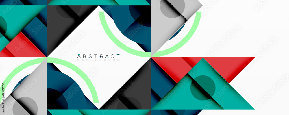 Poster geometric shapes overlap, creating modern abstract background. teal, gray, red colors dominate desig