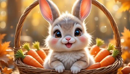 Adorable bunny surrounded by carrots, nestled within a cozy wicker basket