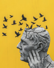 Concept of Free Thought. Gray sculpture with black birds flying from its mind, on yellow background. Contemporary art collage. Generative AI