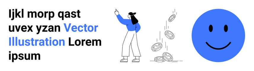 Woman gesturing upward, falling coins, cheerful blue smiling face, and text. Ideal for finance, motivation, success, savings, positivity creativity and simple landing page