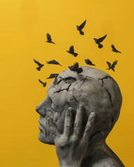 Concept of Free Thought. Gray sculpture of a thinker with black birds flying from its mind, on yellow background. Contemporary art collage. Generative AI