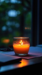 Soft glow of a candle in a glass container on a table, out of focus background