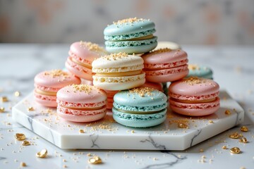 Fototapeta premium Colorful macarons arranged on a marble plate with golden sprinkles 