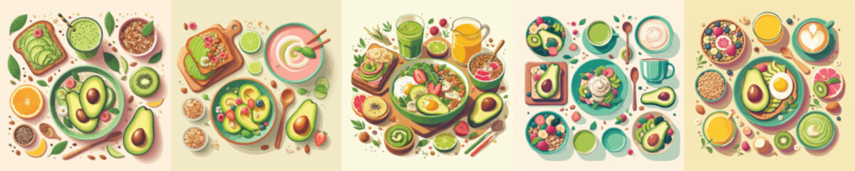 Healthy Breakfast Flat Lay Illustration with Avocado, Smoothie and Fruits