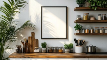 Blank frame mockup in sunny kitchen with spice jars and plants