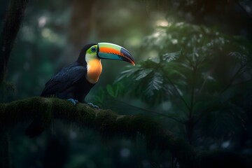 Fototapeta premium A colorful toucan perched on a branch in a lush green forest with dappled sunlight shining through