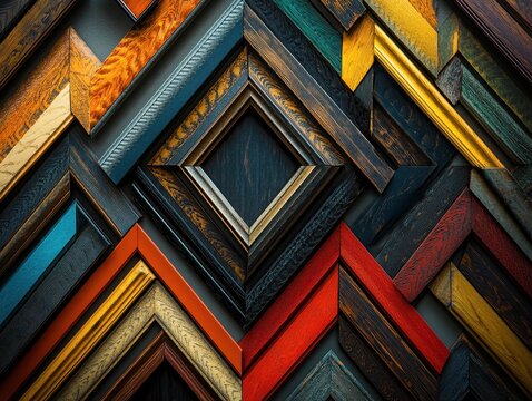 Assorted picture frames in vibrant colors and styles, arranged in a geometric pattern, showcasing various shapes and finishes.  A central, empty, diamond-shaped frame highlights the collection