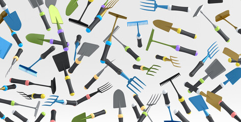 Obraz premium Many of flying garden shovel, pitchfork and rake on white background