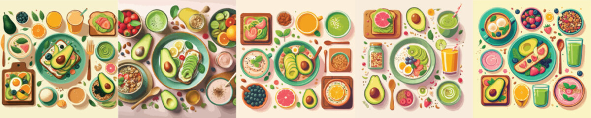 Healthy Breakfast Flat Lay Illustration with Avocado, Smoothie and Fruits