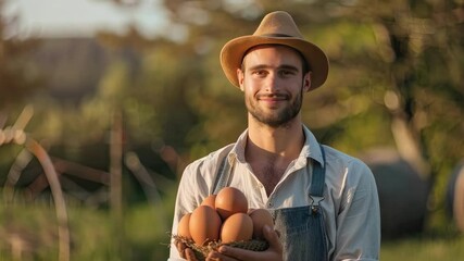 the farmer holds chicken eggs in his hands. Selective focus