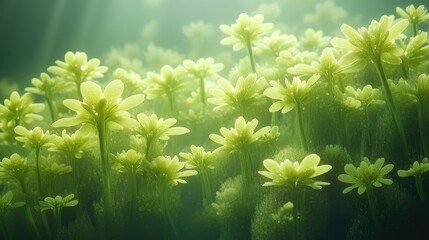 Soft-focus, ethereal flowers in a lush, glowing environment