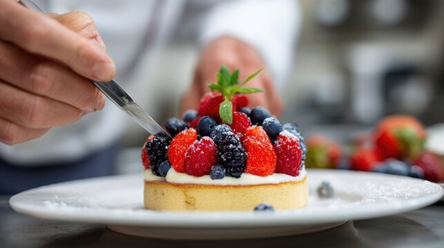 Fresh berry cake on a plate held by hand with strawberries and other fruits on top