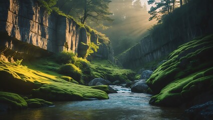 River flows through mossy gorge with sun rays