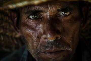 Intense Close-Up of a Mature Man with Deep-Set Eyes and Natural Features