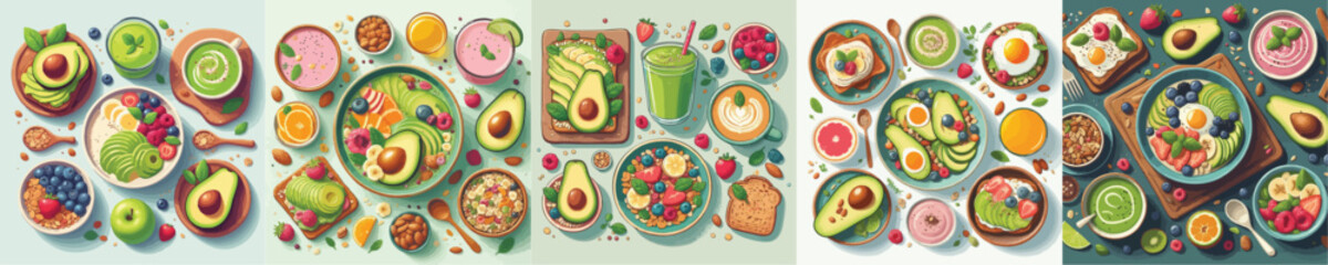 Healthy Breakfast Flat Lay Illustration with Avocado, Smoothie and Fruits