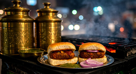 Pakistani bun kebab, spiced lentil patty in soft bun with chutney and onions 