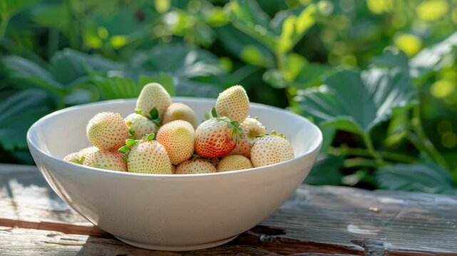 white strawberries in a white bowl on the table. Selective focus