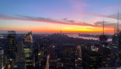 Fototapeta premium Stunning sunset over new york city skyline urban landscape aerial view evening atmosphere vibrant colors