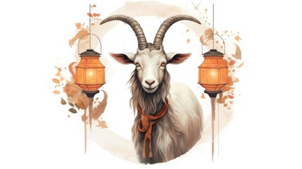  Goat with Lanterns Festive Farm Animal Art on White Background
