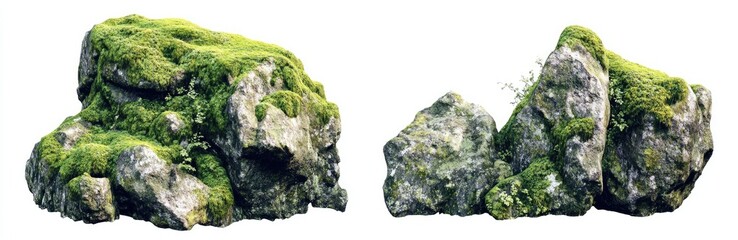 Two moss-covered rocks, isolated on white background.  Detailed view of uneven surfaces, with substantial moss growth