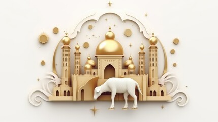 Beautiful Islamic Design: Mosque and Sheep for Eid with on white background 
