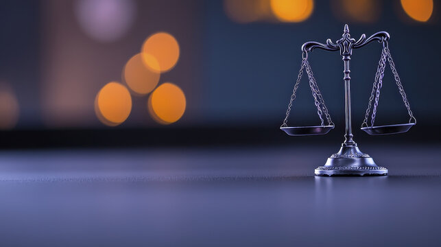 detailed representation of legal scale symbolizing justice, set against blurred background with warm bokeh lights