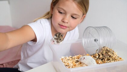 Playful interaction with hamsters home child's play indoor setting close-up view pet care concept