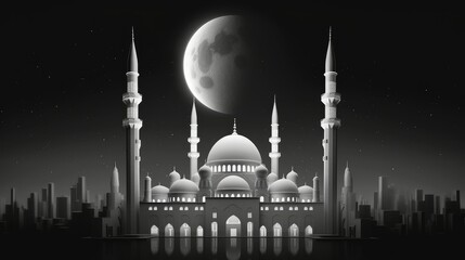 Black and White Mosque under Moonlight for Eid
