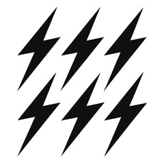 Six Black Lightning Bolt Icons on White Background