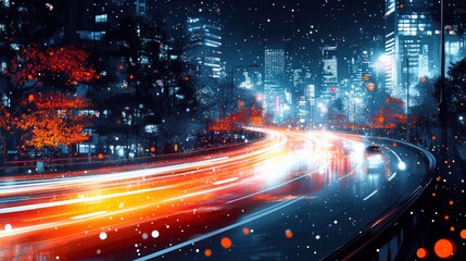 Fototapeta premium City highway light trails, snowy night, urban background