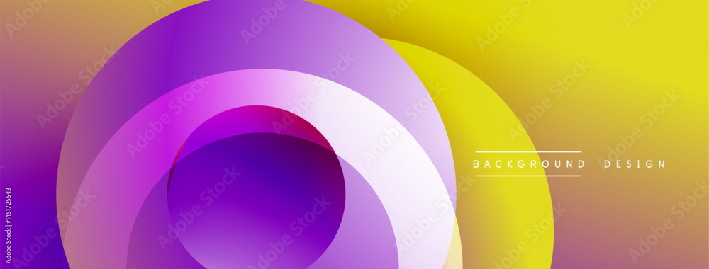 Poster Abstract circles overlap, creating vibrant gradient effect. Yellow, purple hues dominate composition. Modern design element.