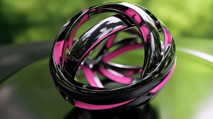 Abstract, glossy, black and pink, intertwined rings sphere