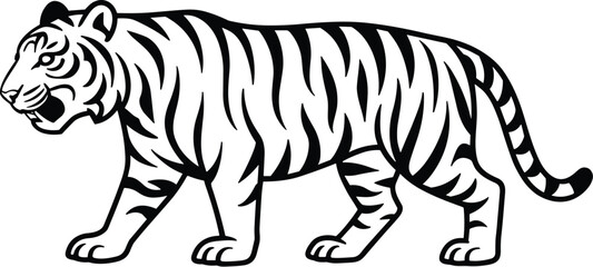 Tribal Style Walking Tiger Vector – Bold Black and White Minimalist Animal Illustration
