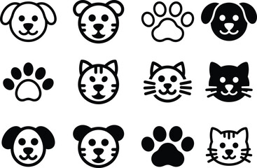 Minimalist Animal Face and Paw Print Icon Set in Line and Solid Style