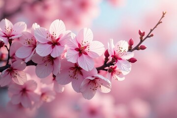 Full bloom sakura, cascading petals, light pink hues, image, pink